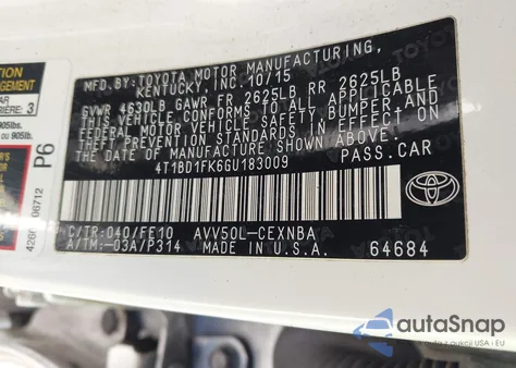 2016 Toyota Camry Hybrid Le z USA, uszkodzony, nr VIN 4T1BD1FK6GU183009